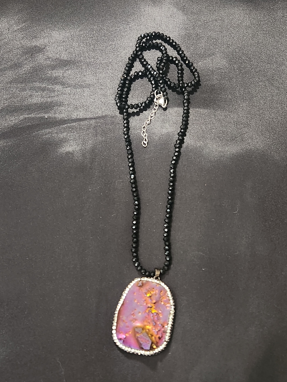 Beaded Black Necklace with Pink Druzy Pendant